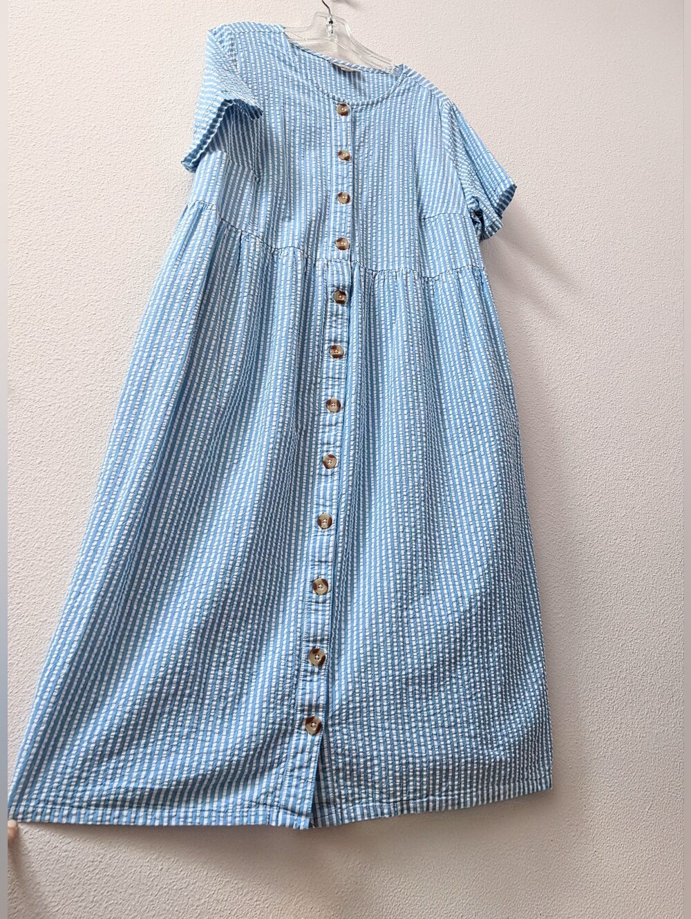 Woman Within Blue & White Stripe Seersucker Midi Dress w/ pockets sz 22W NWOT